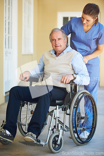 Image of Portrait, nurse or old man in wheelchair in hospital helping an elderly patient for trust or support in clinic. Happy, caregiver or healthcare social worker talking to senior person with a disability