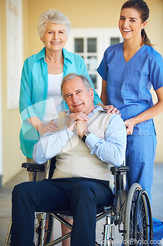 Image of Portrait of wife, caregiver or old man in wheelchair in hospital clinic helping an elderly patient for support. Happy, couple or trusted healthcare nurse smiling with senior people with a disability