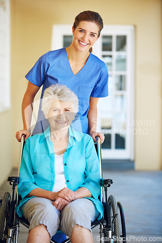 Image of Portrait, nurse or happy old woman in wheelchair in hospital clinic helping an elderly patient for support. Trust, smile or healthcare medical caregiver talking to a senior person with a disability