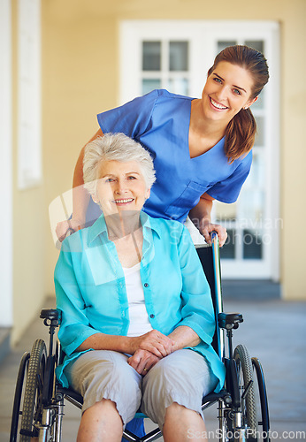 Image of Portrait, nurse or happy senior woman in wheelchair in hospital clinic helping an elderly patient for support. Trust, smile or healthcare medical caregiver smiling with mature person with disability