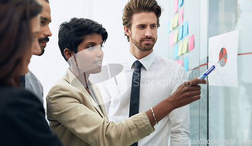 Image of Woman, team and business chart at whiteboard talking about training and sales project plan. Working, communication and management of a female person with writer staff with planning and statistics