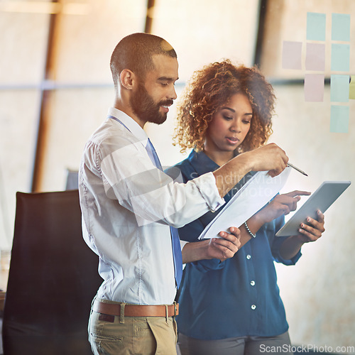 Image of Planning, coworkers or brainstorming on tablet in modern office, teamwork or strategy conversation and sticky notes. Businesspeople, talking and moodboard or idea, development or company workplace