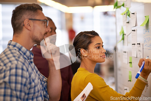 Image of Teamwork, whiteboard and a business woman writing during a meeting for coaching in the office. Collaboration, training and presentation with a young female employee teaching her colleagues at work