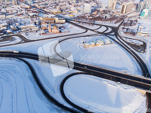 Image of Aerial shot of bridge and car driving on the bridge