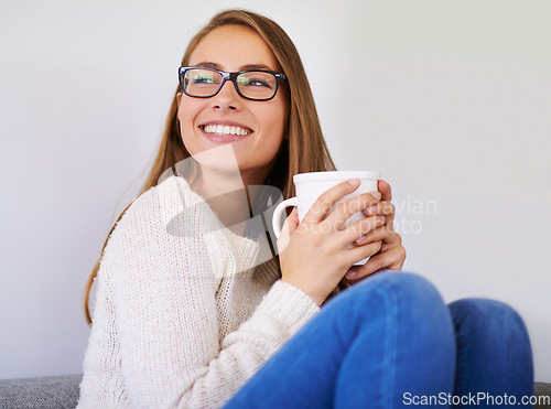 Image of Thinking, coffee and happiness of woman in home enjoying caffeine, espresso or cappuccino in living room. Smile, tea and female person with idea in lounge, drinking beverage and relax in house mockup