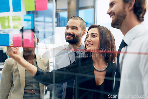 Image of Teamwork, collaboration of diverse coworkers with sticky notes on wall and working in office. Startup or project, support or communication and team planning together discussing plans or ideas at work