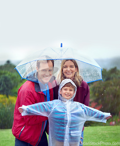 Image of Portrait, family and happy portrait in rain with umbrella outdoor in nature for fun, happiness and quality time. Man, woman and excited child together for water drops, playing and freedom with mockup