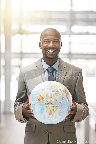 Image of Professional black man, globe and global business, smile in portrait and Earth, map with worldwide corporate success. Businessman, international travel with happy male executive of company and pride