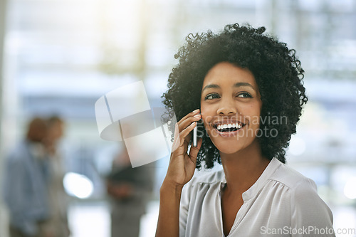 Image of Phone call, business and laughing black woman in office workplace with mockup space. Cellphone, happiness and African female person speaking, professional communication or funny discussion of contact