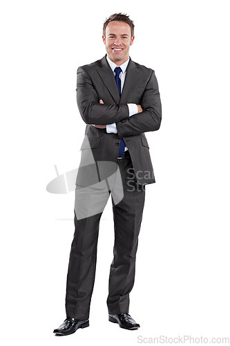 Image of Portrait, business and man with arms crossed, career and guy isolated against a white studio background. Face, male person and employee with confidence, startup success and professional with a suit