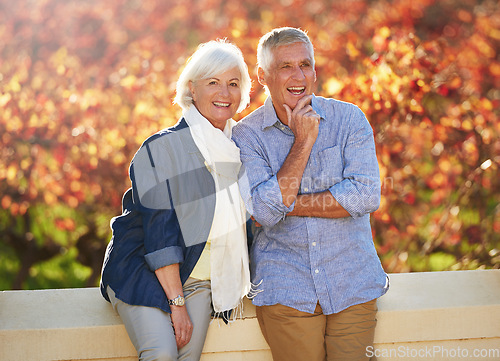 Image of Portrait, autumn and senior couple together in nature, park or vineyard or happy, marriage in retirement or thinking, love or countryside happiness. Elderly people, smiling in fall and bokeh