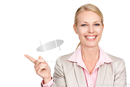 Image of Portrait, pointing and woman with mockup, employee and entrepreneur isolated against white studio background. Face, female person and consultant with hand gesture, opportunity, decision and direction