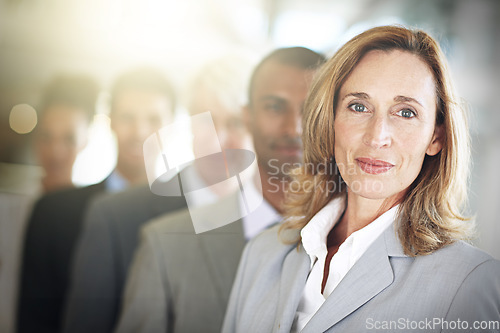 Image of Business woman, portrait and team in leadership, management or diversity at the office. Face of confident corporate female executive or diverse group in teamwork, unity or company vision at workplace