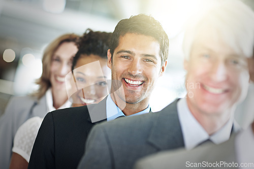 Image of Happy businessman, portrait and face in leadership, management or diversity at the office. Confident corporate man executive, team or diverse group in teamwork, unity or company vision at workplace