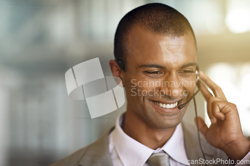 Image of Call center, happy man and consultant in virtual communication, business support and ecommerce help. Smile of friendly IT agent, advisor or person with telecom, customer service or speaking and space