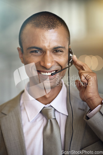 Image of Call center, man portrait and consultant in virtual communication, business support and web helping. Smile on face of IT agent, advisor or indian person in telecom, customer service and client chat