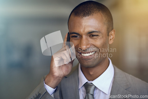 Image of Phone call, business and happy man in communication, networking and contact, feedback or legal advice. Professional indian person or corporate lawyer listening and talking on mobile chat with client