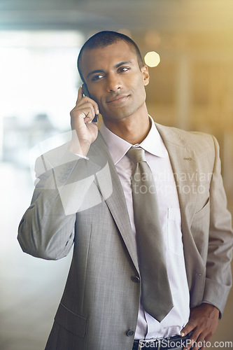 Image of Phone call, thinking and business man for communication, networking and feedback, talking or legal advice. Professional indian person or corporate lawyer listening to client with ideas on mobile chat