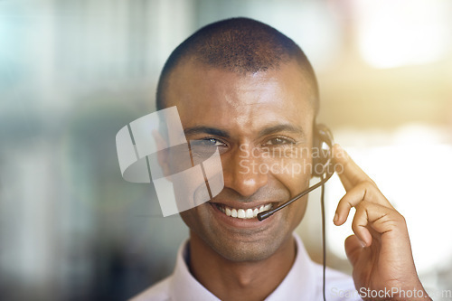 Image of Call center, portrait and happy man in virtual communication, business support and e commerce helping. Face of IT agent, advisor or african person smile for telecom, customer service or client advice