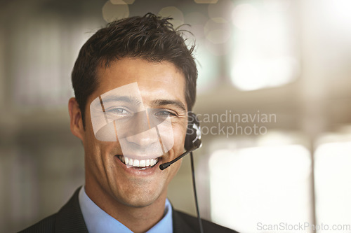 Image of Happy man, portrait and call center for virtual communication, business support or finance services. Face of agent, financial advisor or corporate person smile for consulting, chat and advice mockup