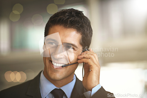 Image of Happy man, thinking and call center for virtual communication, business support or finance services. Salesman agent, financial advisor or corporate person consulting, solution chat or advice on space