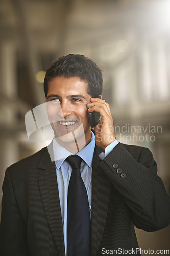 Image of Business man, thinking and phone call with online communication, networking and feedback of legal advice. Professional person or corporate lawyer listening to client or idea on chat with mockup space