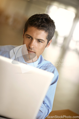 Image of Laptop, focus and business man with online management, career planning and company software or website. Serious, office and professional person or worker reading digital news or working on computer