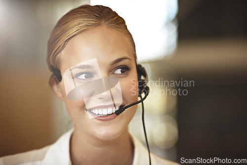 Image of Happy woman, thinking and call center in virtual communication, business support or finance services. Vision of agent, financial advisor or corporate person consulting, solution chat or client advice