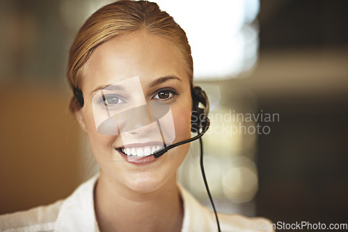 Image of Happy woman, portrait and call center in virtual communication, business support or finance services. Face of agent, financial advisor or corporate person consulting, solution chat and client advice