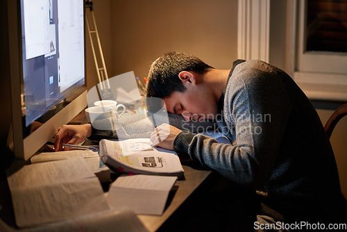 Image of Young student, books and sleeping near screen or studying late into the night or resting on table and reading for examination. Tired, research and hard working for test paper or computer at home