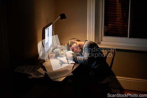 Image of Student, university and sleeping or studying late into the night on screen or fatigue on table and reading for examination. Tired, research and hard work for test paper or computer at college