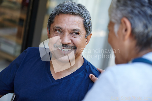 Image of Senior, smile and couple talking, bonding or having fun while enjoying quality time together. Happy, love and man and woman in retirement, elderly and relax or speaking and conversation in happiness