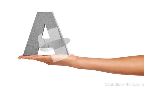 Image of Alphabet, studio and a hand with capital letter A for learning, advertising or font. Woman show or holding sign, character or text for communication, typo and grammar isolated on a white background