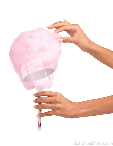 Image of Candy floss, sweet and woman hands isolated on a white background for eating, pink food and holiday treat. Person hand holding cotton, color cone for youth birthday, childhood and festival in studio