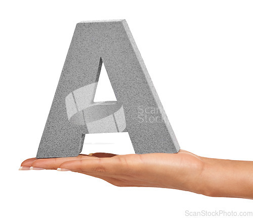 Image of Woman hand, studio and alphabet or capital letter A for learning, advertising or font. A person show sign, character or text for communication, typo and grammar in palm isolated on a white background