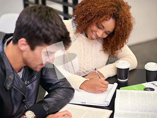 Image of Students study in library, people learning for university education, teamwork and writing notes. Academic development, knowledge with young man and woman studying for exam, research and scholarship