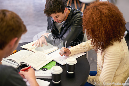 Image of Students studying in a group in library, people learning for university education and scholarship. Academic development, knowledge with young men and woman study for exam, research and writing notes
