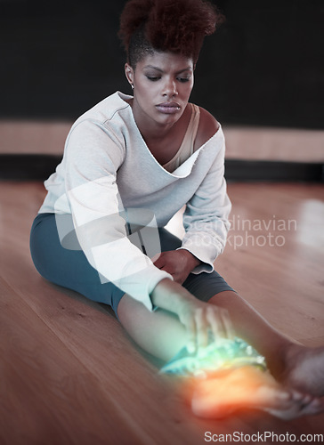 Image of Woman, ankle pain or injury on floor at fitness studio with burnout or health problem. Female dancer or athlete with ice pack on red anatomy glow for arthritis, accident and feet while tired