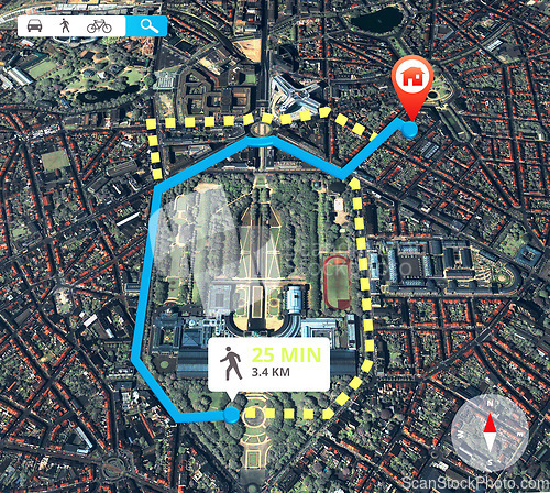 Image of Satellite map, navigation and location with travel information and data for direction of route for trip. Technology, app and aerial view with journey info, transportation destination pin and landmark