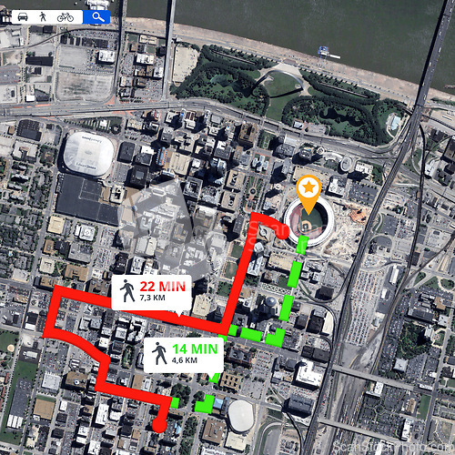 Image of Satellite map, direction and location pin with travel information and navigation guide with route for trip. Technology, app and aerial view with journey data, transportation destination and landmark