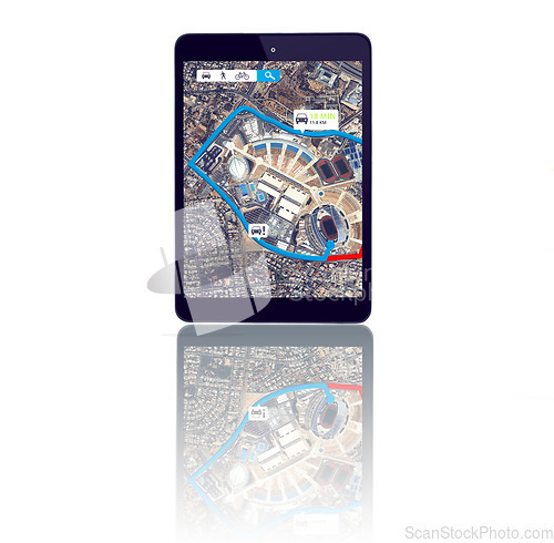 Image of Tablet, online or location to travel on digital global road maps or direction route on white background. Mockup space, screen or mobile app ux display of journey trip, navigation or virtual guide