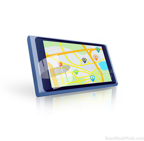 Image of Tablet, search or location to travel on global digital road maps or direction route on white background. Mockup space, screen or mobile app ux display of journey trip, navigation or virtual guide