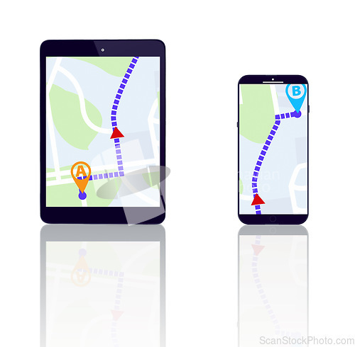 Image of Tablet, smartphone or direction on road map to travel on city location or route on screen or white background. Mock up, digital or mobile app ux journey display, global navigation or virtual guide