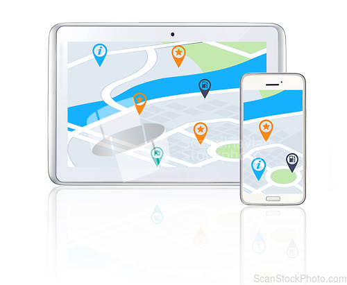 Image of Tablet, smartphone or online location to travel on city road map or direction route on screen or white background. Mockup, digital or mobile app ux journey display, global navigation or virtual guide