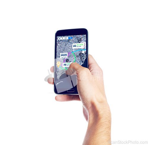 Image of Hands with mobile, screen or location to travel on city road map or direction route on white background. Mockup, iot or person with phone app ux display of journey trip, navigation or virtual guide