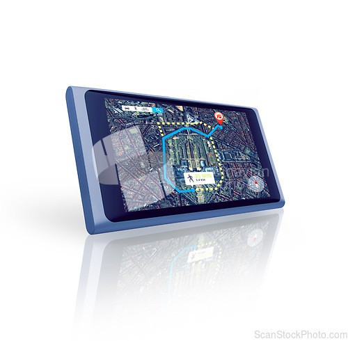 Image of Tablet, screen or location search to travel on digital global road maps or direction route on white background. Mockup, worldwide or mobile app ux display of journey trip, navigation or virtual guide