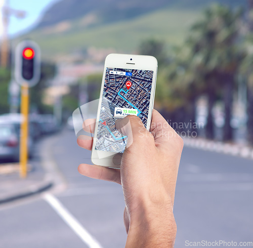 Image of Hand, roadmap and hand with cellphone in the city for travel, discovery or sightseeing direction. Technology, location and phone with online navigation app for trip route in urban town street or road