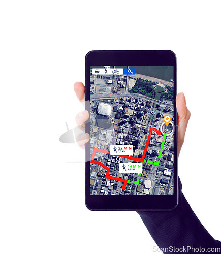 Image of Hands with tablet, screen or direction of location for city travel on road map or route on white background. Mockup or person with mobile app ux display of journey trip, navigation or virtual guide