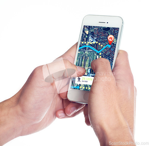 Image of Hands, smartphone and satellite map with location pin, direction and travel data isolated on white background. Technology, app and person with phone, navigation guide and journey destination info