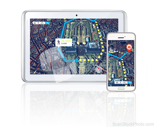 Image of Tablet, phone or virtual location to travel on city road maps or direction route on screen or white background. Mockup, digital or mobile app ux journey trip display, global navigation or iot guide